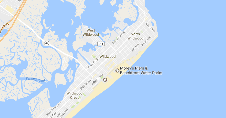 Map of Wildwood, New Jersey, showing nearby water parks and beach areas.