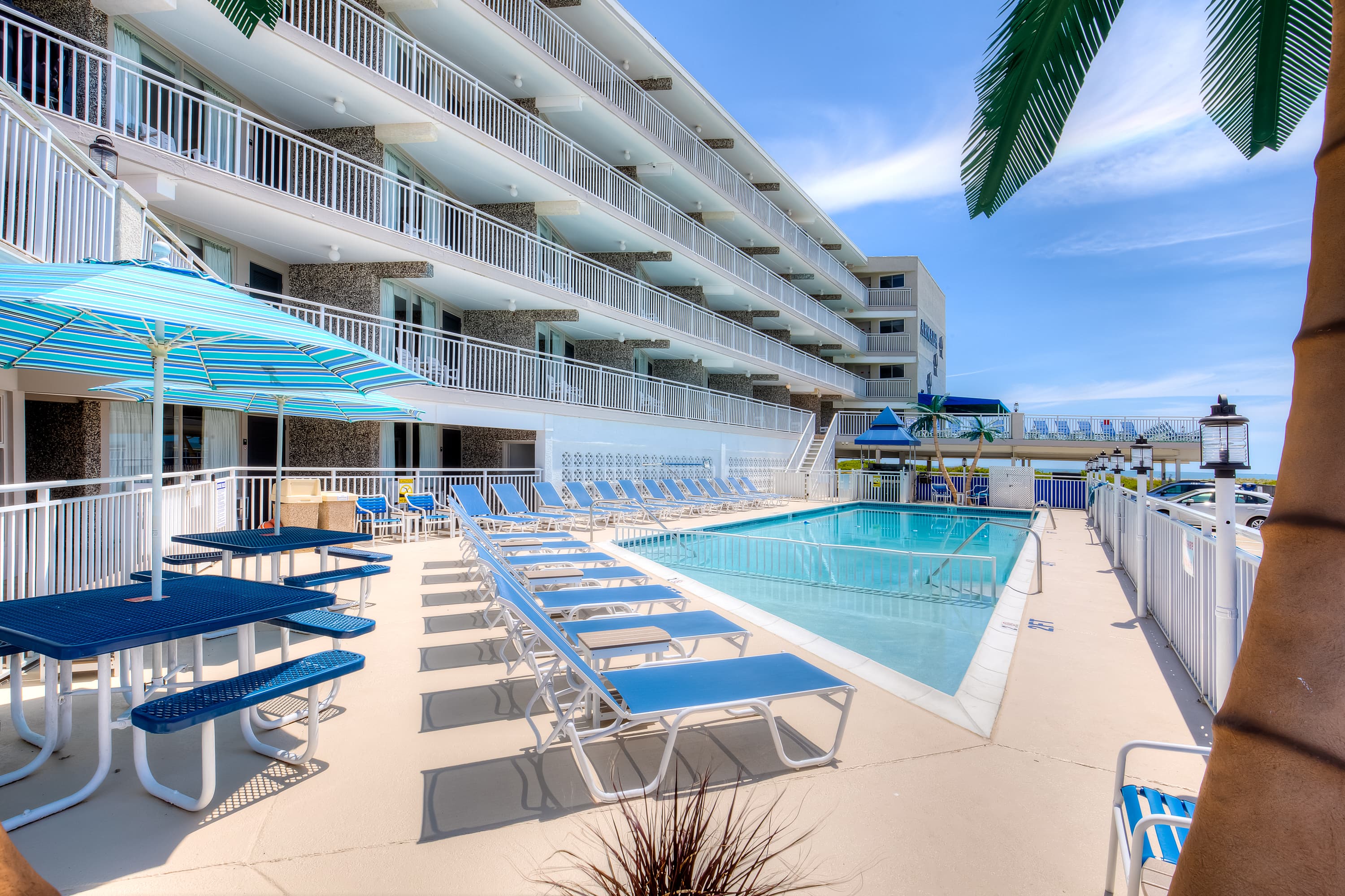 A sunny poolside area with lounge chairs and umbrellas next to a multi-story building.