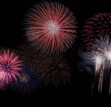 Colorful fireworks explode against a dark night sky.